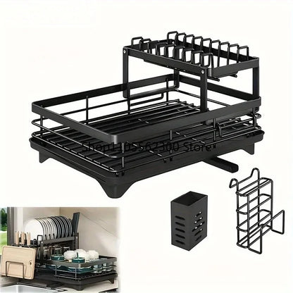 2-Tier Extendable Stainless Steel Dish Drying Rack with Drainboard – Large Capacity Kitchen Organizer